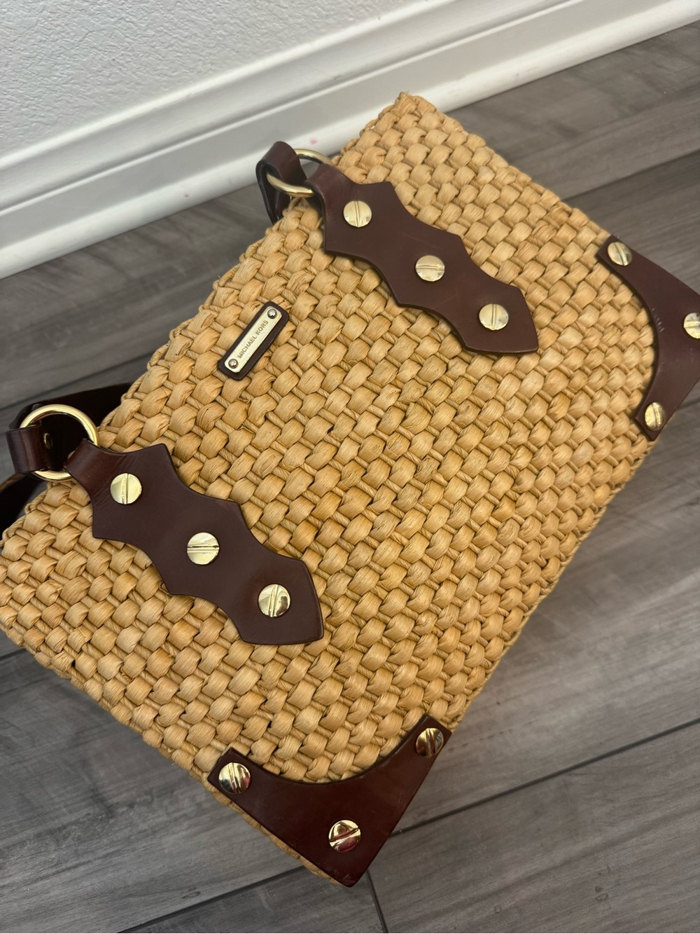 Michael Kors Woven Straw Crossbody Bag with Brown Leather Trim